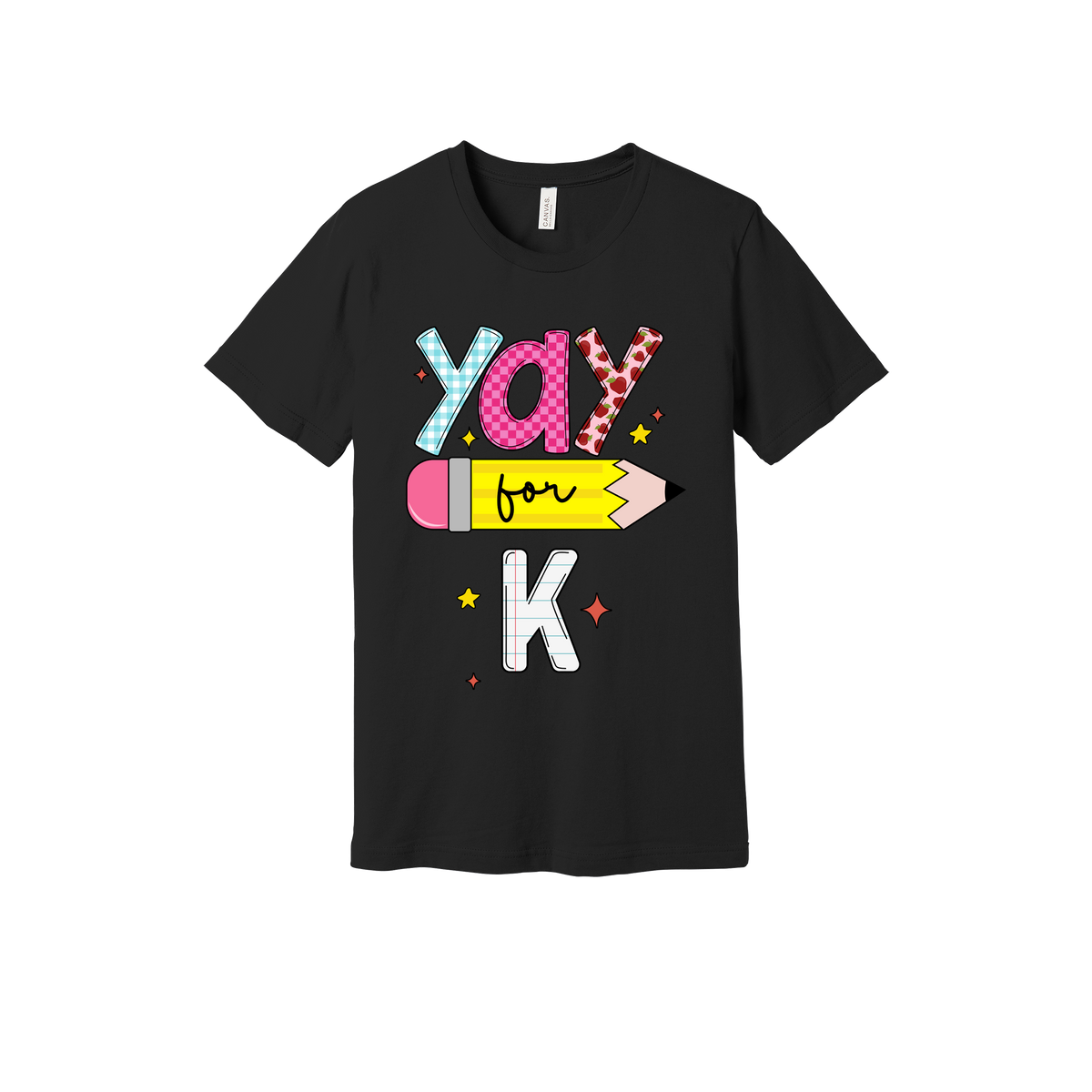 Yay for Kindergarten design shown on Black adult Bella+Canvas 3001 T-shirt.