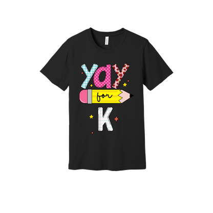 Yay for Kindergarten design shown on Black adult Bella+Canvas 3001 T-shirt.