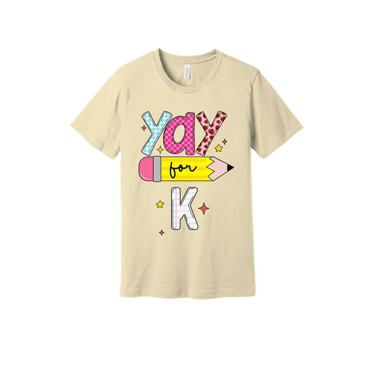 Yay for Kindergarten design shown on Natural adult Bella+Canvas 3001 T-shirt.