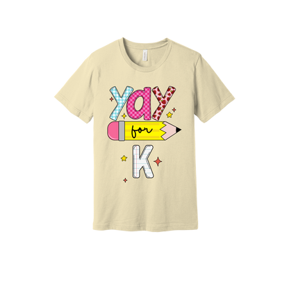 Yay for Kindergarten design shown on Natural adult Bella+Canvas 3001 T-shirt.