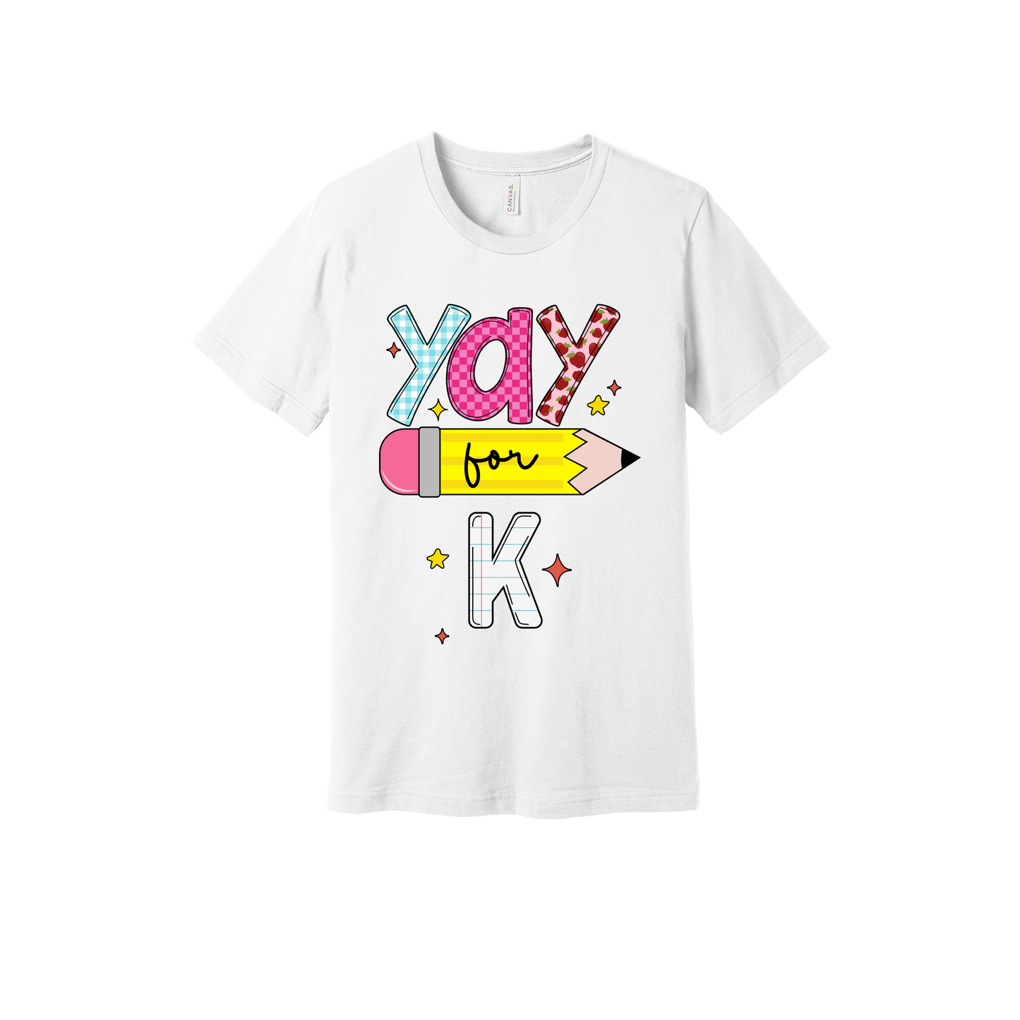 Yay for Kindergarten design shown on White adult Bella+Canvas 3001 T-shirt.