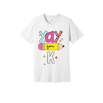 Yay for Kindergarten design shown on White adult Bella+Canvas 3001 T-shirt.