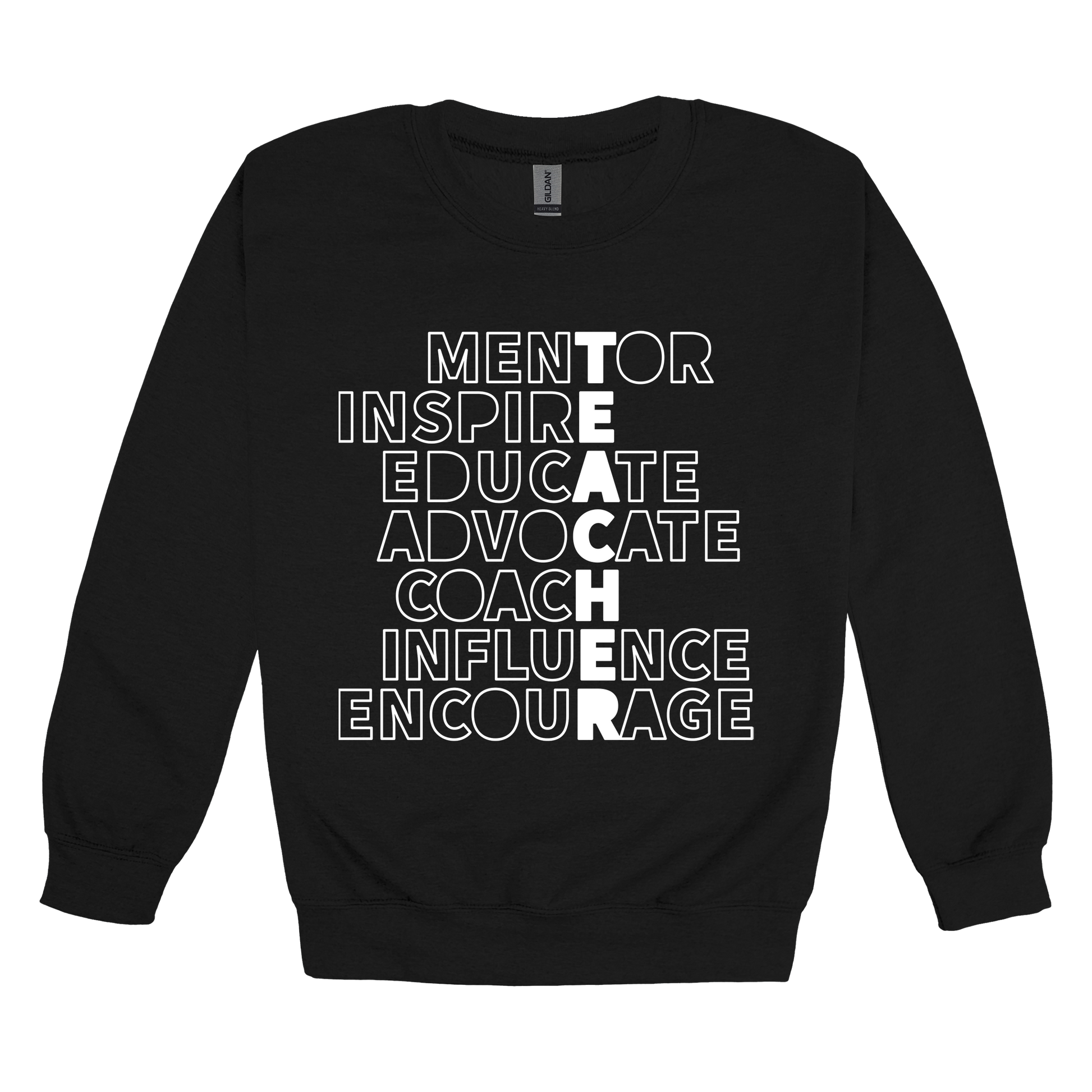 Teacher Mentor design shown on Black adult Gildan crewneck sweatshirt.
