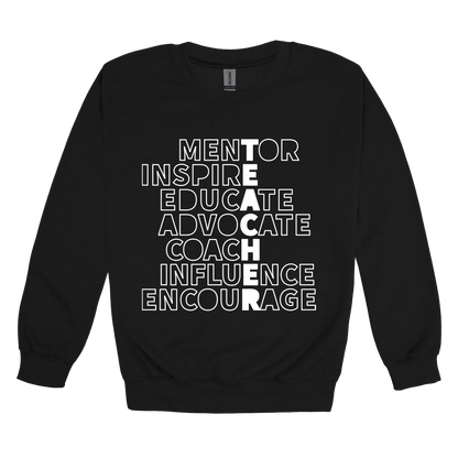 Teacher Mentor design shown on Black adult Gildan crewneck sweatshirt.