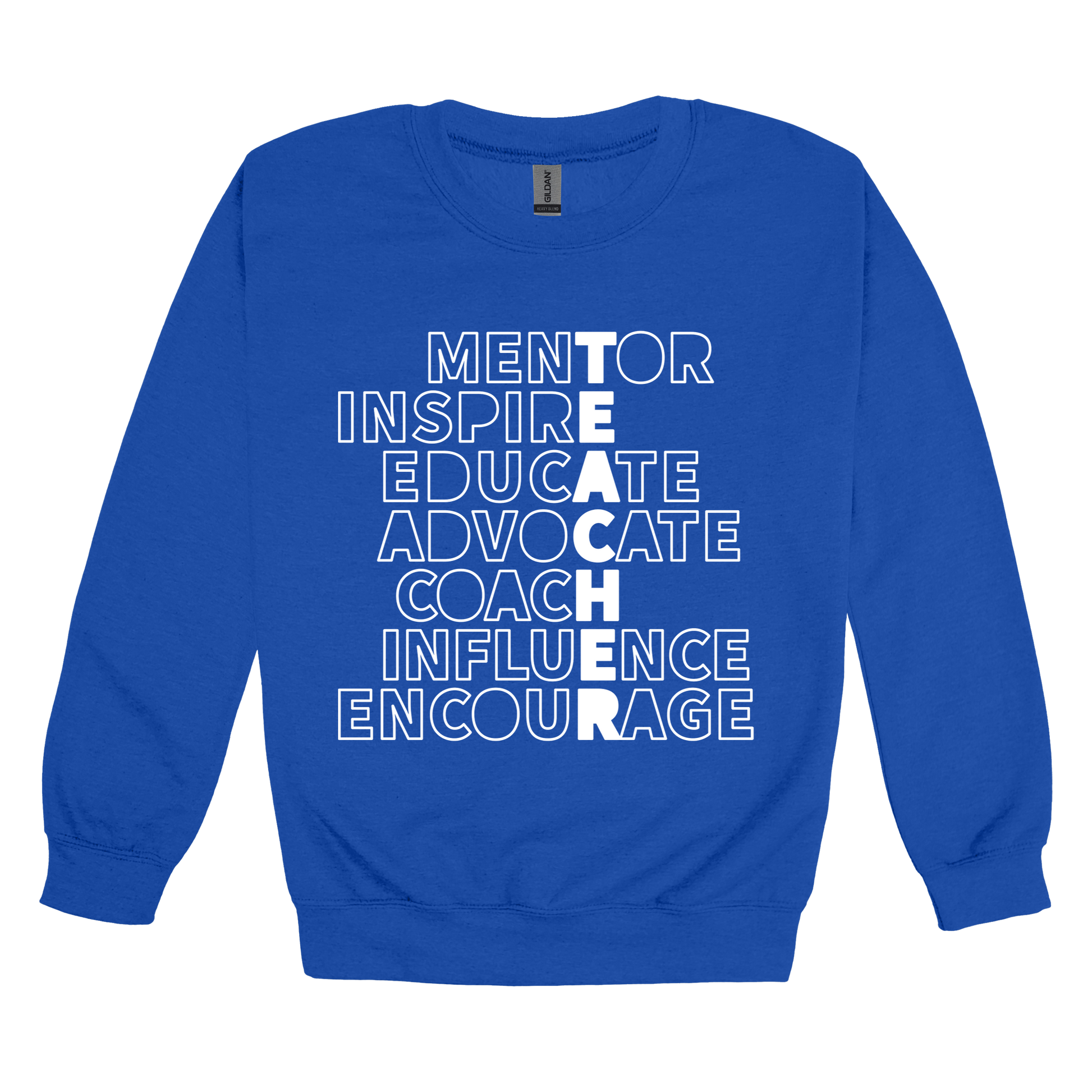 Teacher Mentor design shown on Royal adult Gildan crewneck sweatshirt.