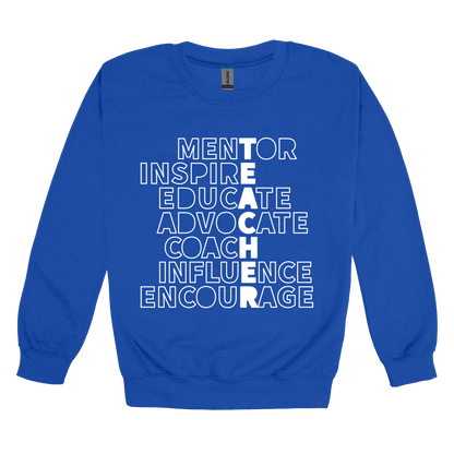 Teacher Mentor design shown on Royal adult Gildan crewneck sweatshirt.