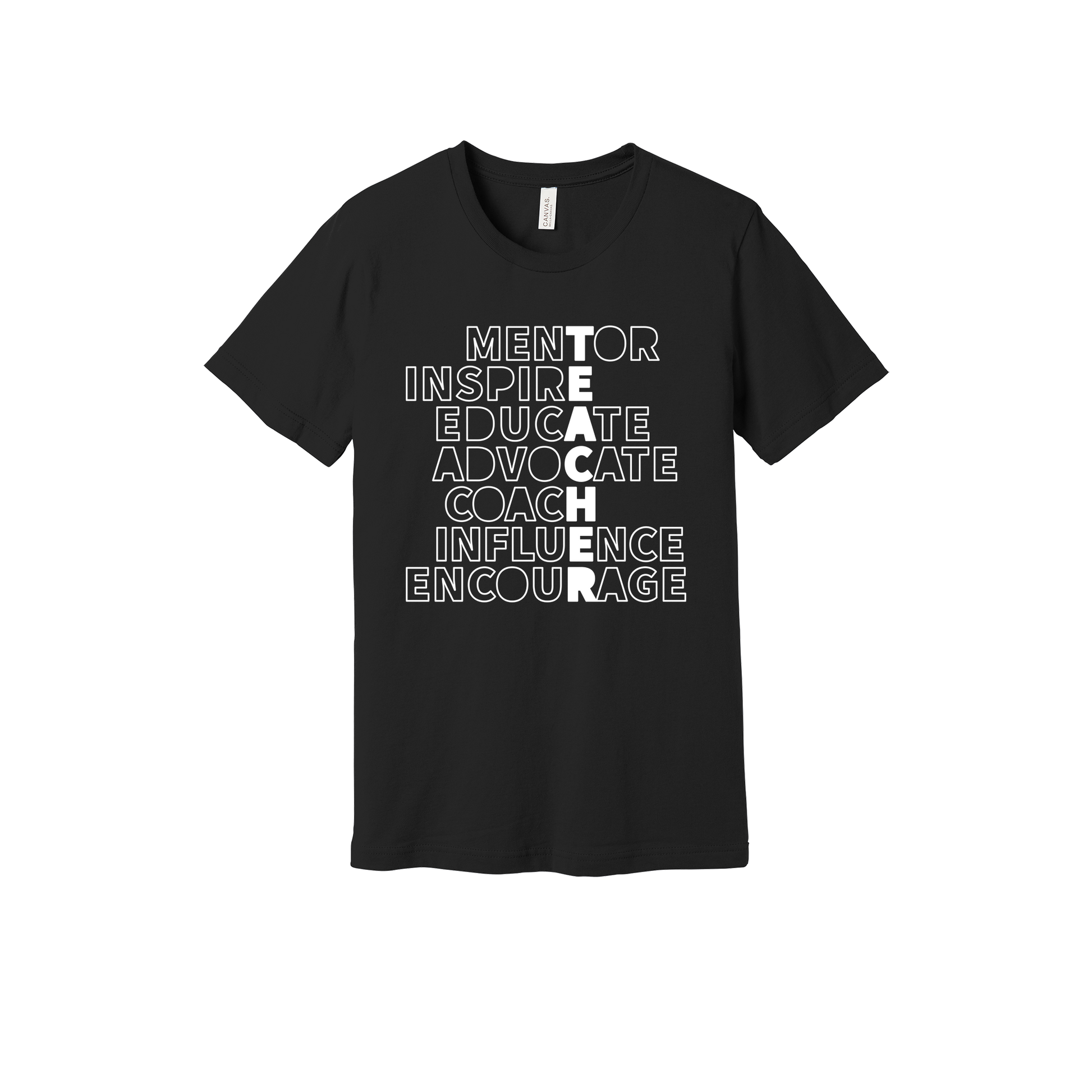 Teacher Mentor design shown on Black adult Bella+Canvas 3001 T-shirt.
