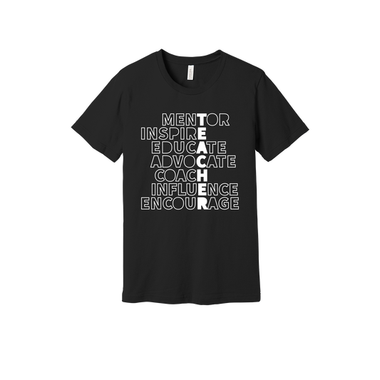 Teacher Mentor design shown on Black adult Bella+Canvas 3001 T-shirt.
