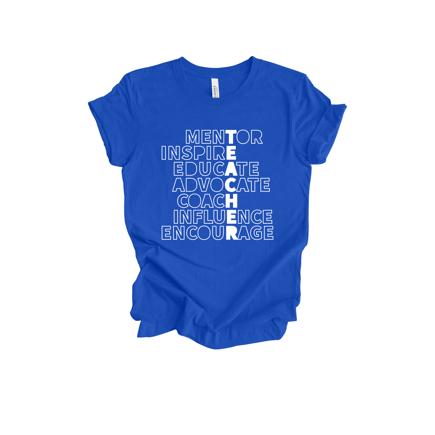 Teacher Mentor design shown on Royal Blue adult Bella+Canvas 3001 T-shirt.