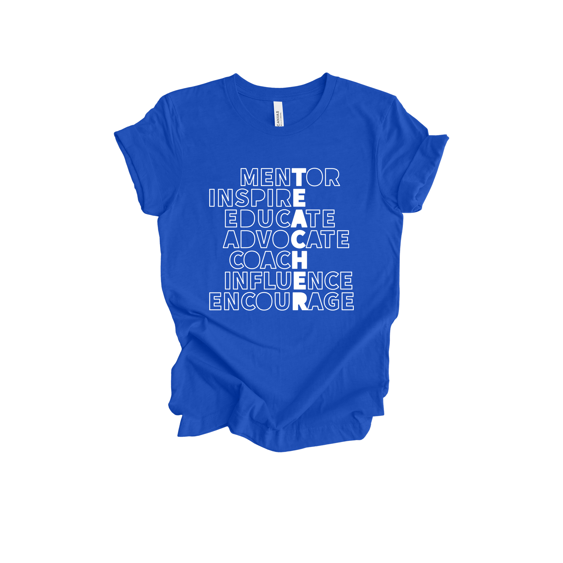 Teacher Mentor design shown on Royal Blue adult Bella+Canvas 3001 T-shirt.