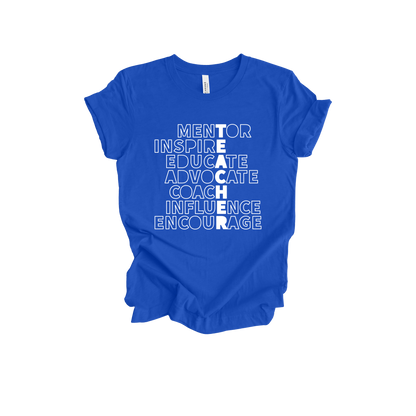 Teacher Mentor design shown on Royal Blue adult Bella+Canvas 3001 T-shirt.