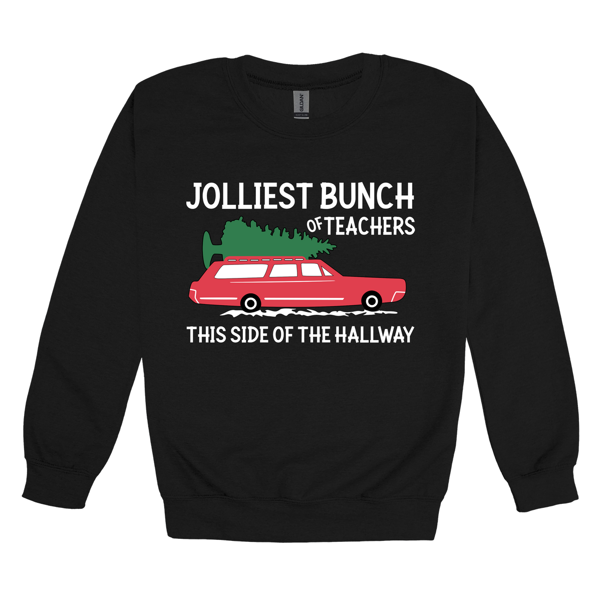 Jolliest Bunch of Teachers design shown on Black adult Gildan crewneck sweatshirt.