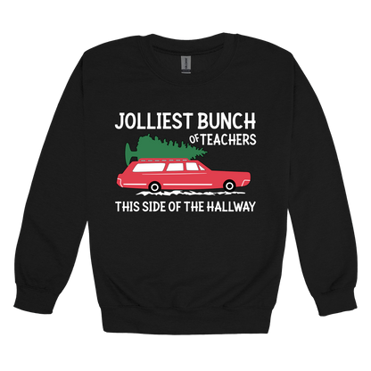 Jolliest Bunch of Teachers design shown on Black adult Gildan crewneck sweatshirt.