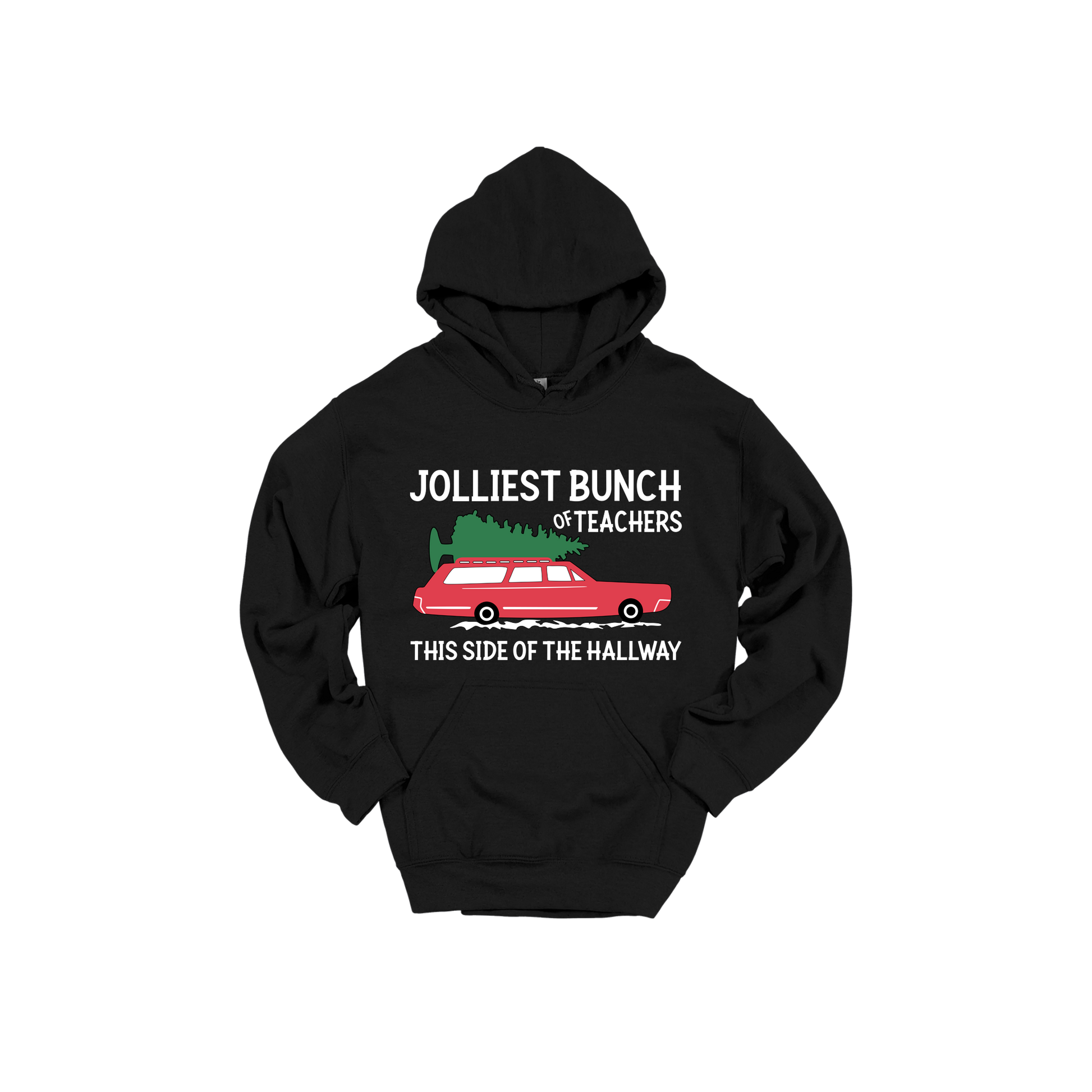 Jolliest Bunch of Teachers design shown on Black adult Gildan hoodie.