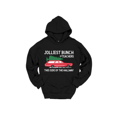 Jolliest Bunch of Teachers design shown on Black adult Gildan hoodie.
