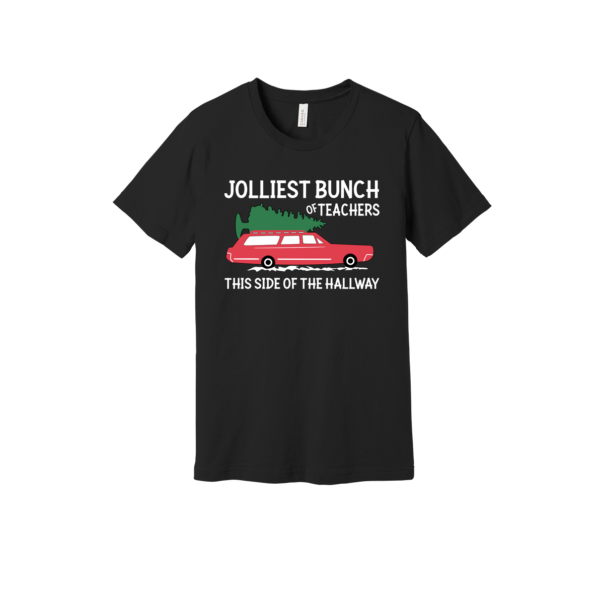 Jolliest Bunch of Teachers design shown on Black adult Bella+Canvas 3001 T-shirt.