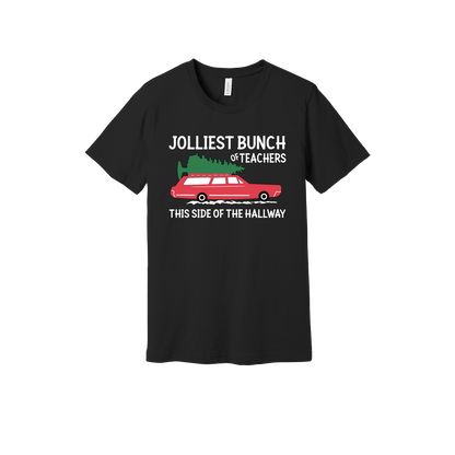 Jolliest Bunch of Teachers design shown on Black adult Bella+Canvas 3001 T-shirt.