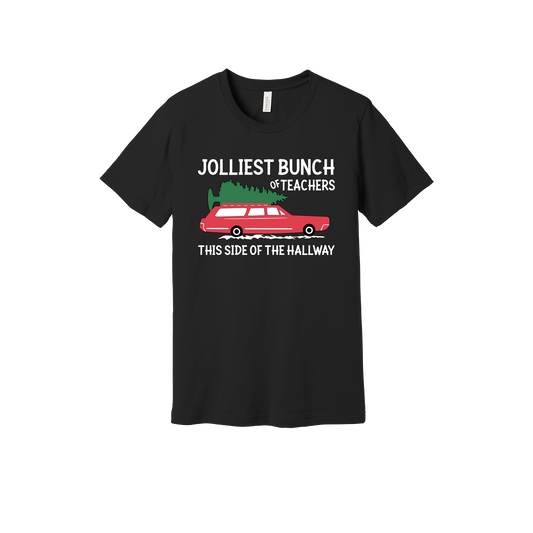 Jolliest Bunch of Teachers design shown on Black adult Bella+Canvas 3001 T-shirt.