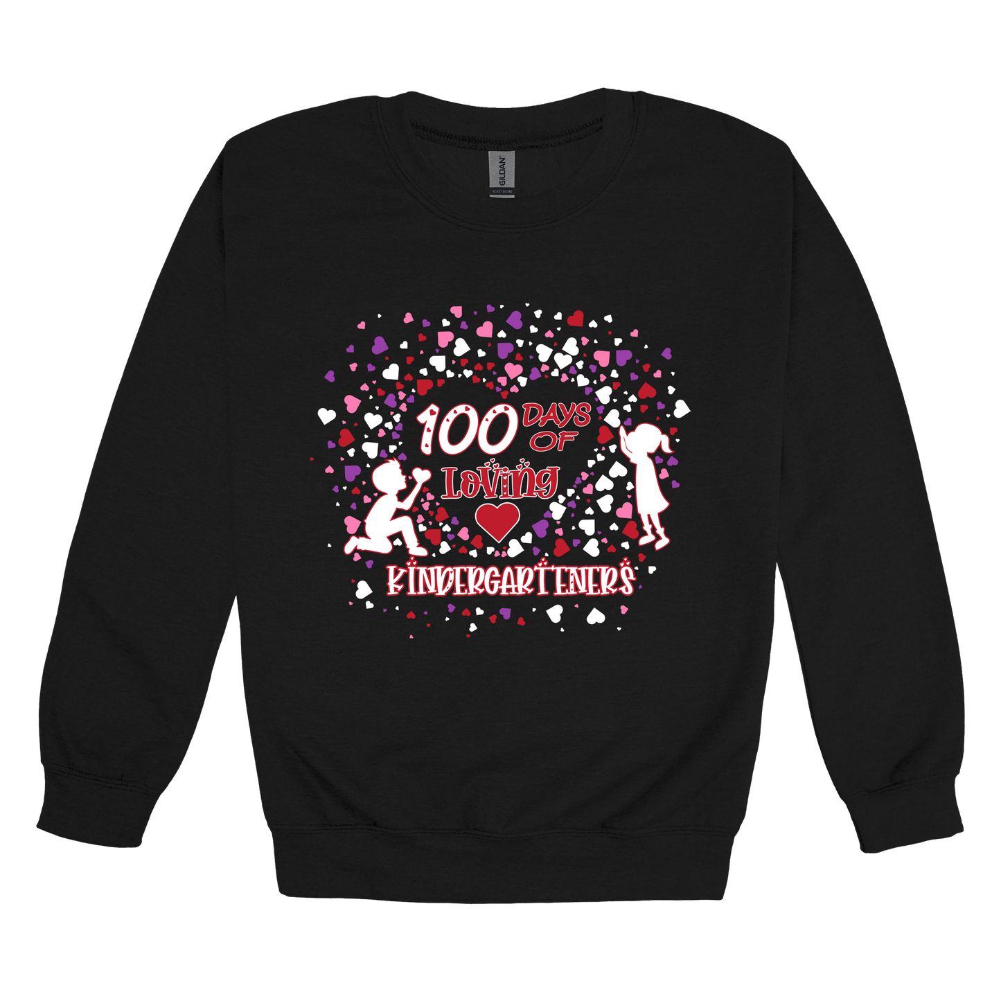 100 Days of Loving Kindergarteners design shown on Black adult Gildan crewneck sweatshirt.