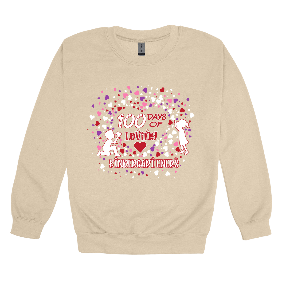 100 Days of Loving Kindergarteners design shown on Sand adult Gildan crewneck sweatshirt.