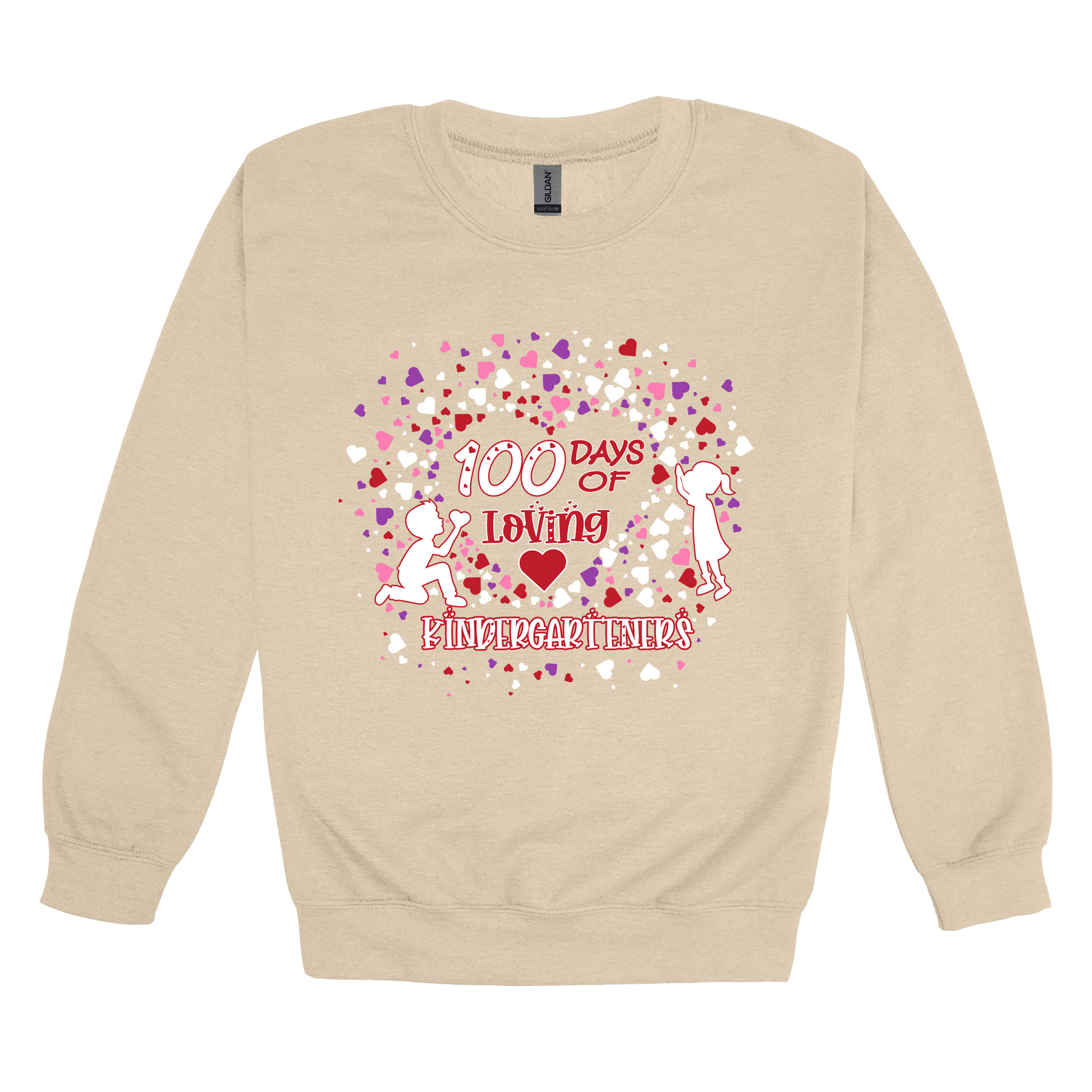 100 Days of Loving Kindergarteners design shown on Sand adult Gildan crewneck sweatshirt.