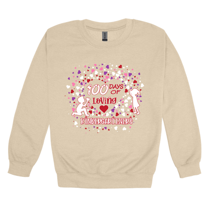 100 Days of Loving Kindergarteners design shown on Sand adult Gildan crewneck sweatshirt.