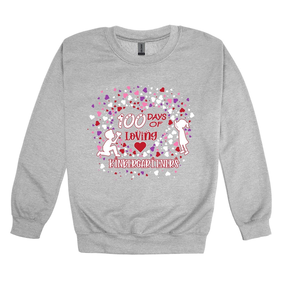 100 Days of Loving Kindergarteners design shown on Sport Gray adult Gildan crewneck sweatshirt.