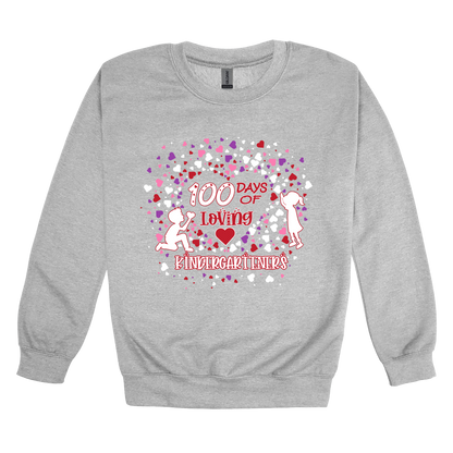100 Days of Loving Kindergarteners design shown on Sport Gray adult Gildan crewneck sweatshirt.