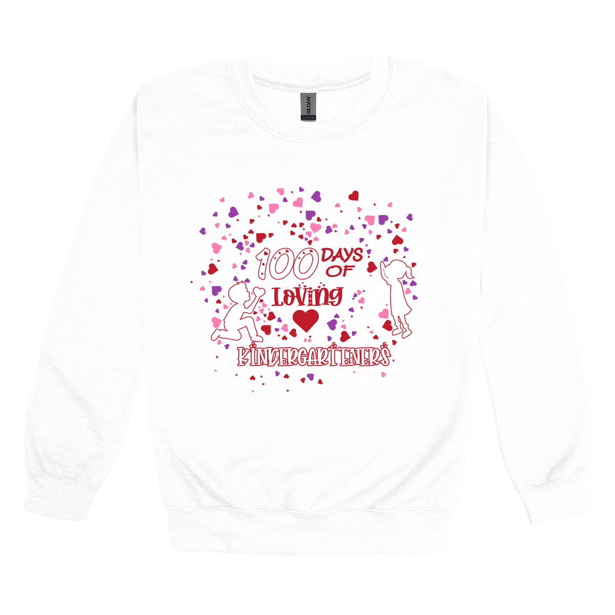 100 Days of Loving Kindergarteners design shown on White adult Gildan crewneck sweatshirt.