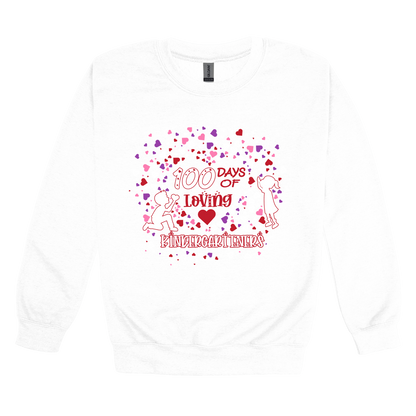 100 Days of Loving Kindergarteners design shown on White adult Gildan crewneck sweatshirt.