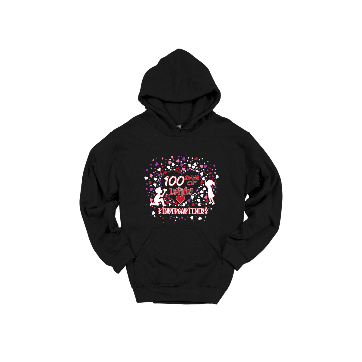 100 Days of Loving Kindergarteners design shown on Black adult Gildan hoodie.