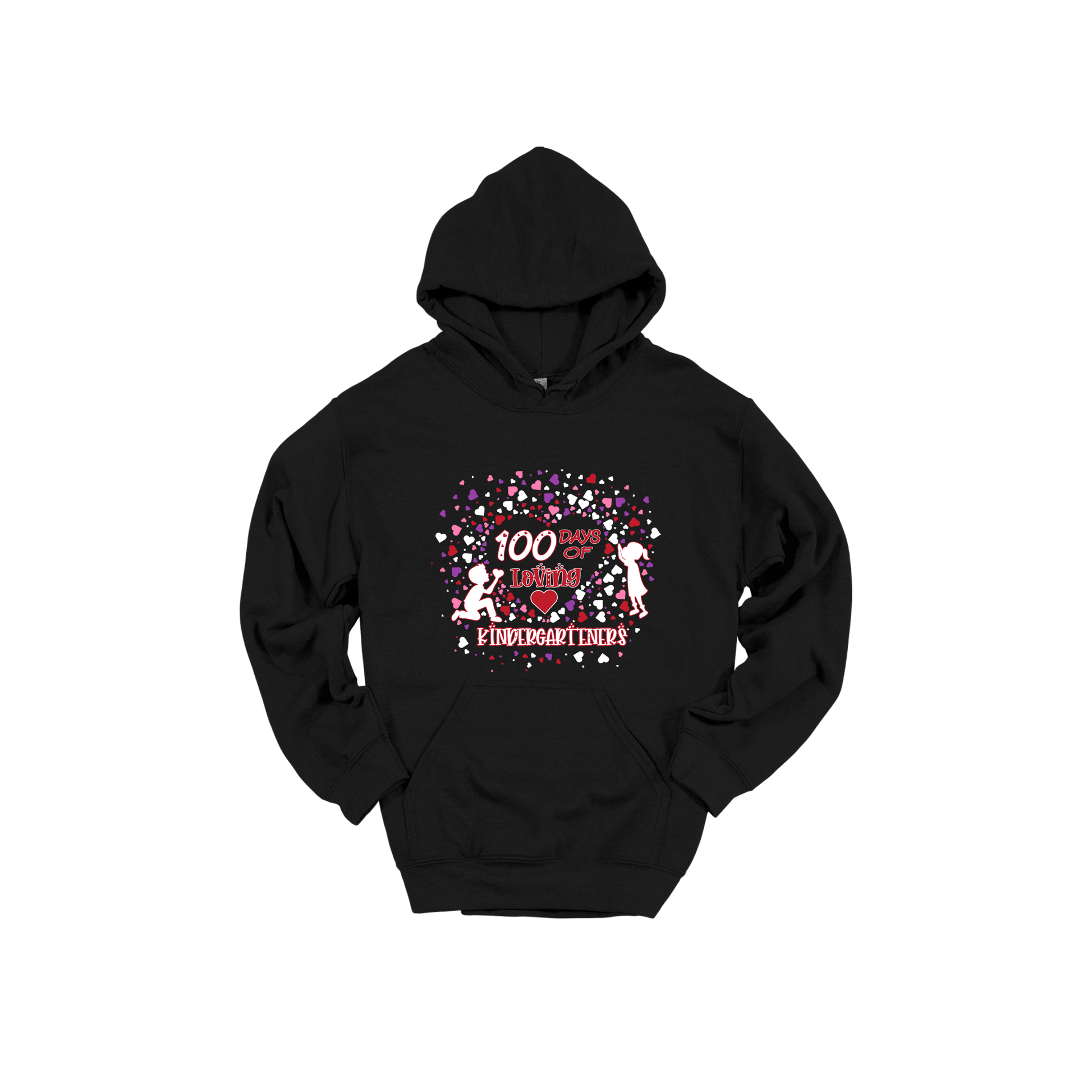 100 Days of Loving Kindergarteners design shown on Black adult Gildan hoodie.
