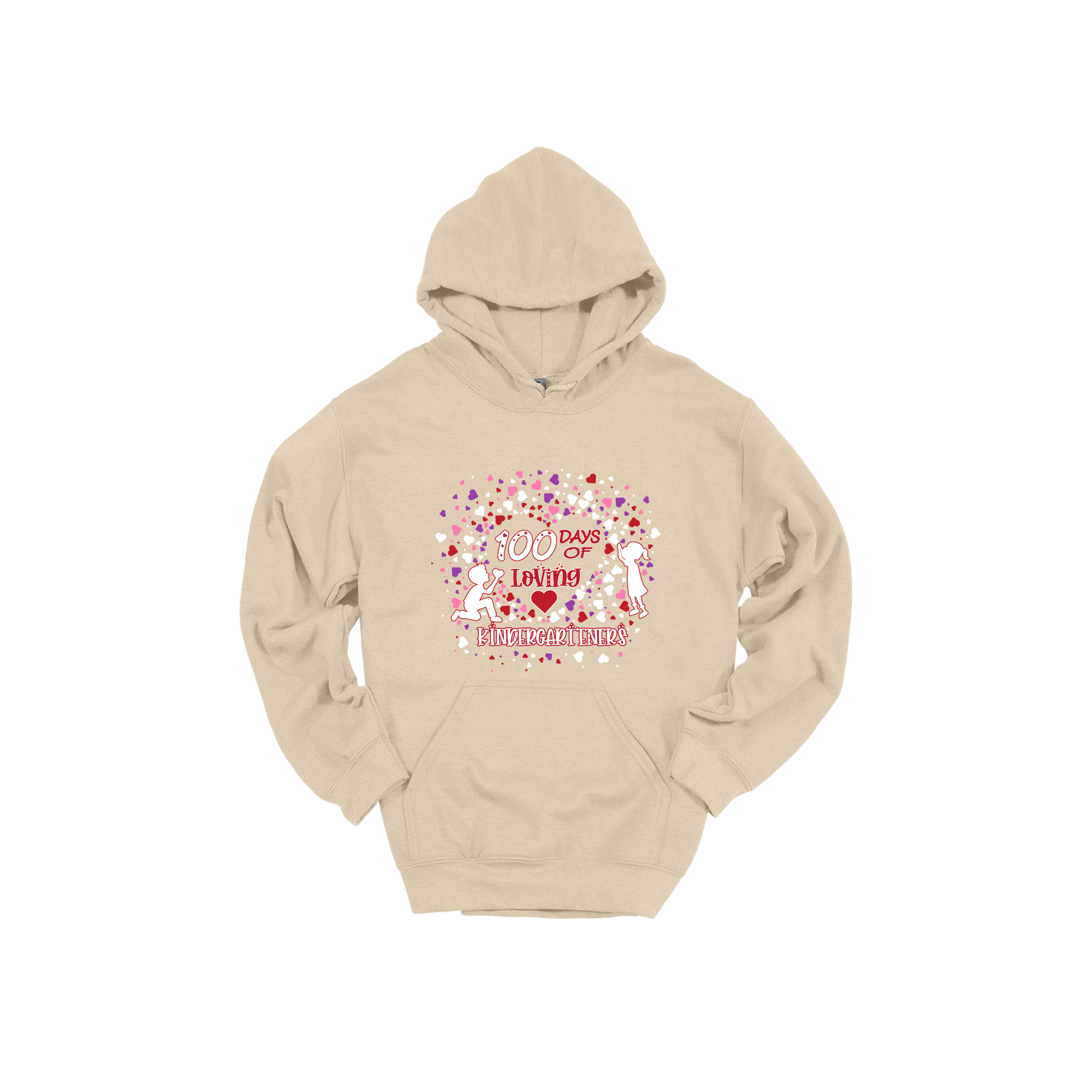 100 Days of Loving Kindergarteners design shown on Sand adult Gildan hoodie.