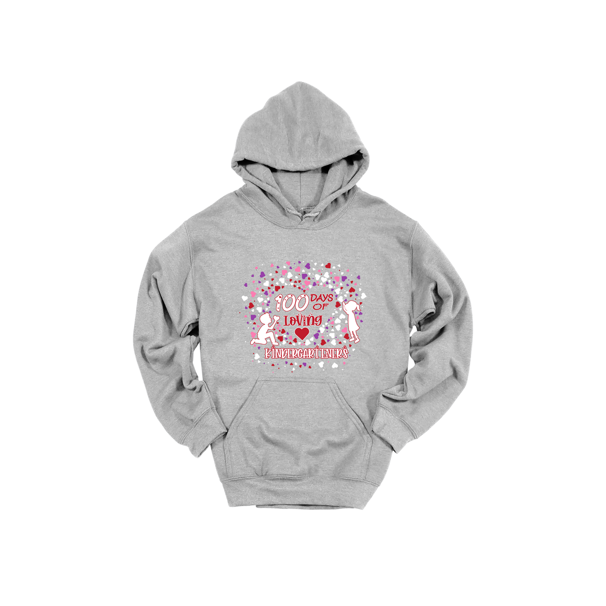 100 Days of Loving Kindergarteners design shown on Sport Gray adult Gildan hoodie.