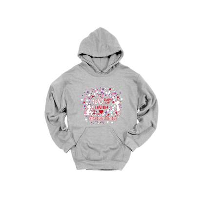 100 Days of Loving Kindergarteners design shown on Sport Gray adult Gildan hoodie.