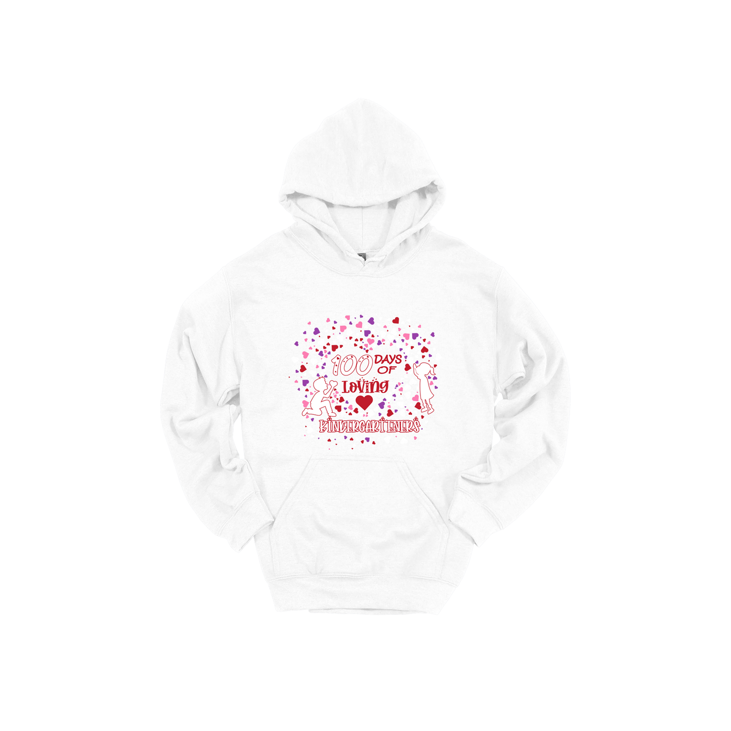 100 Days of Loving Kindergarteners design shown on White adult Gildan hoodie.