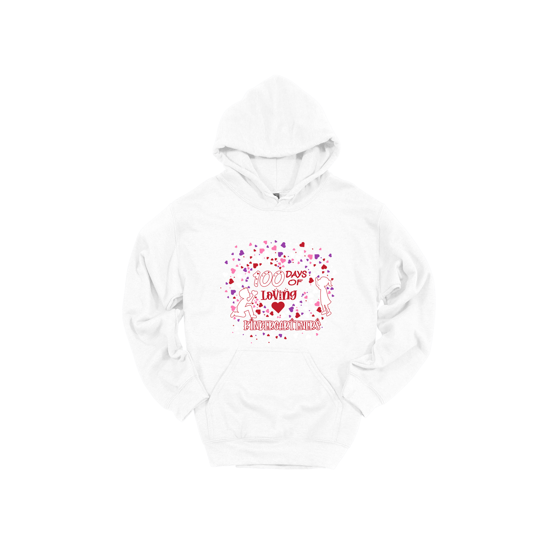 100 Days of Loving Kindergarteners design shown on White adult Gildan hoodie.