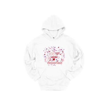 100 Days of Loving Kindergarteners design shown on White adult Gildan hoodie.