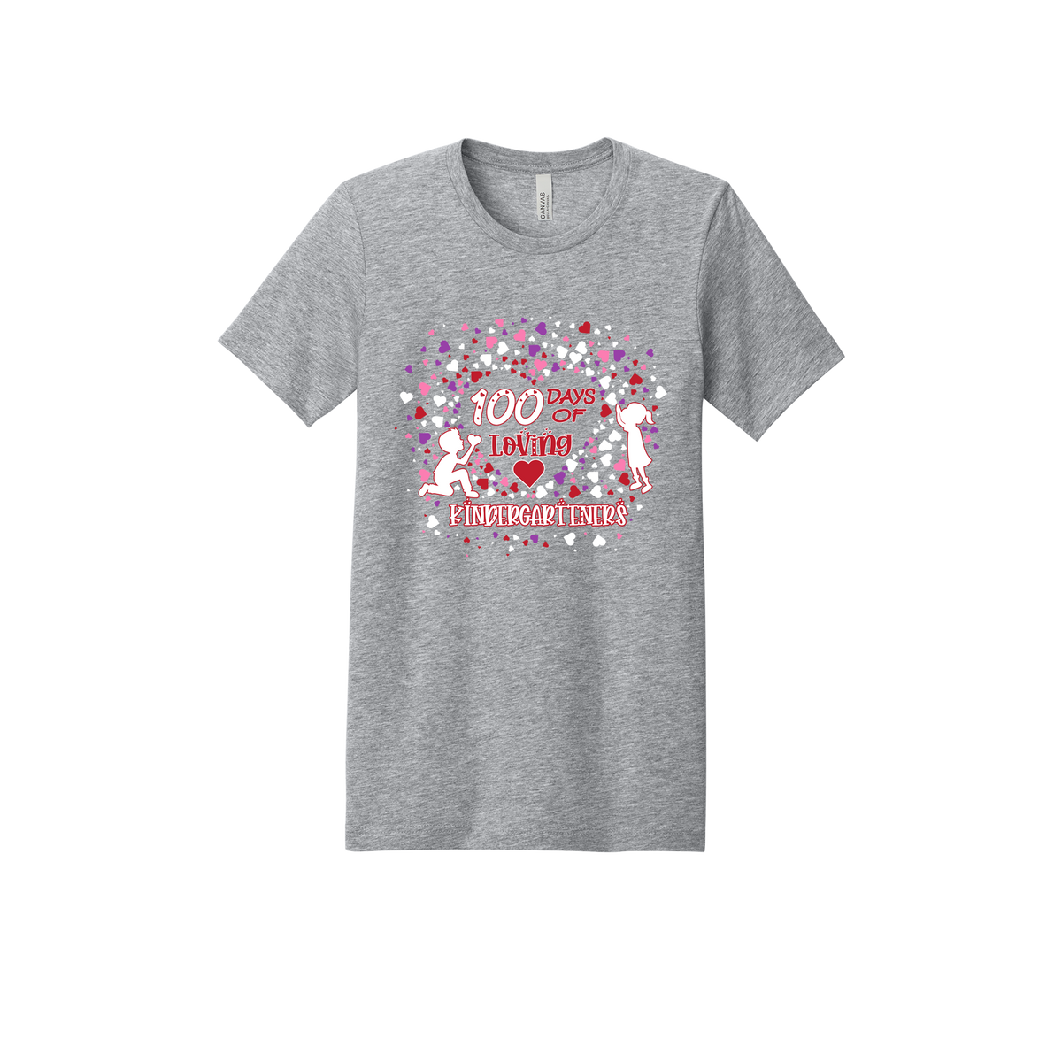 100 Days of Loving Kindergarteners design shown on Heather Athletic Gray adult Bella+Canvas 3001 T-shirt.