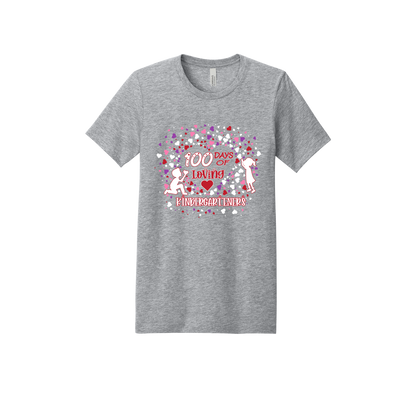100 Days of Loving Kindergarteners design shown on Heather Athletic Gray adult Bella+Canvas 3001 T-shirt.