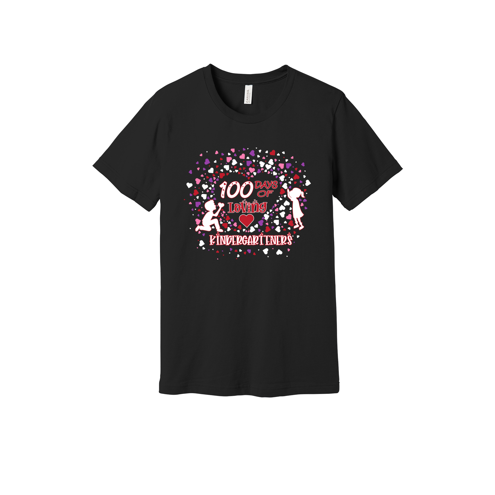 100 Days of Loving Kindergarteners design shown on Black adult Bella+Canvas 3001 T-shirt.