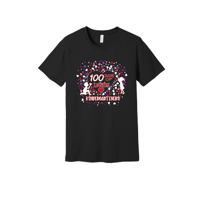 100 Days of Loving Kindergarteners design shown on Black adult Bella+Canvas 3001 T-shirt.