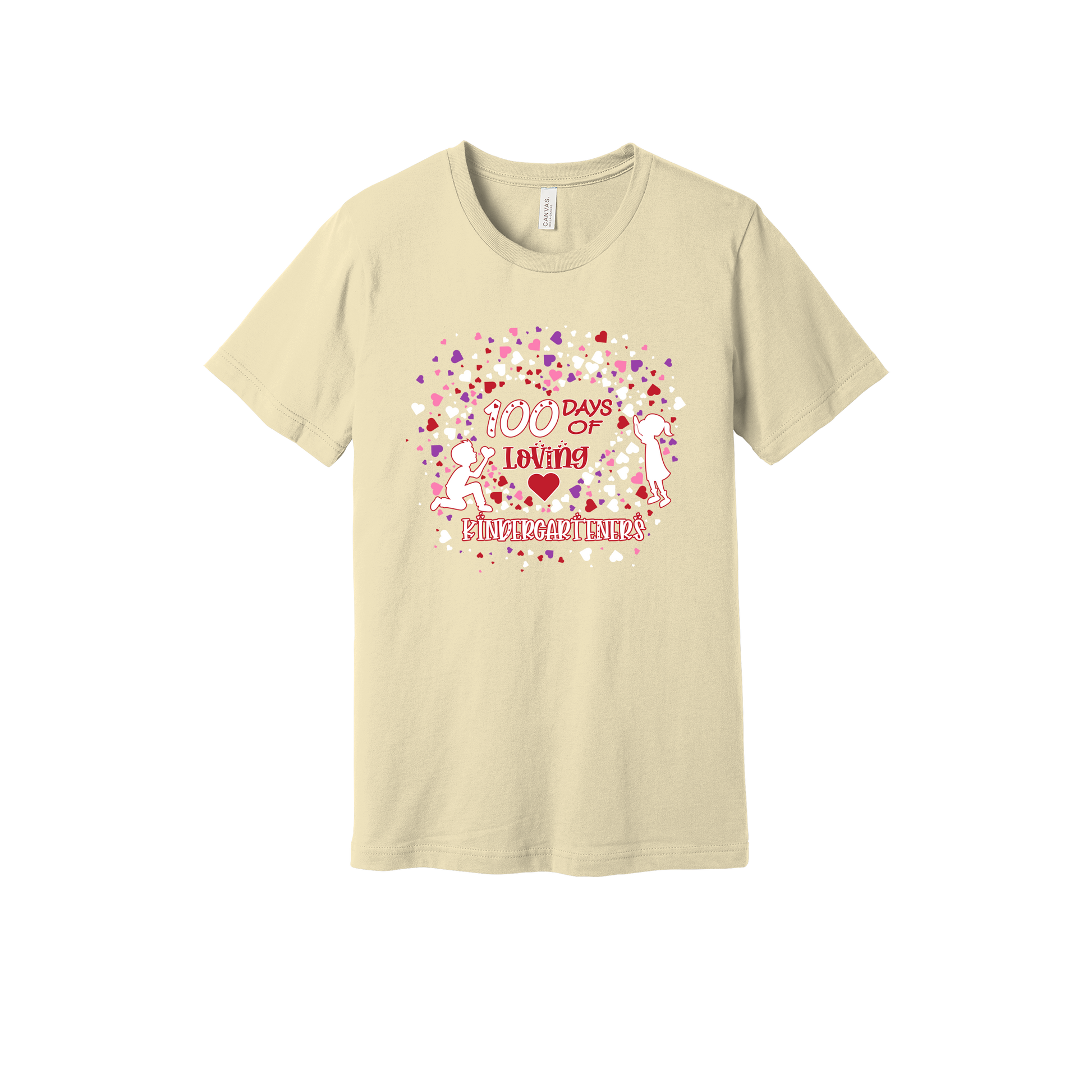 100 Days of Loving Kindergarteners design shown on Natural adult Bella+Canvas 3001 T-shirt.