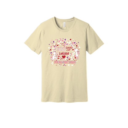 100 Days of Loving Kindergarteners design shown on Natural adult Bella+Canvas 3001 T-shirt.