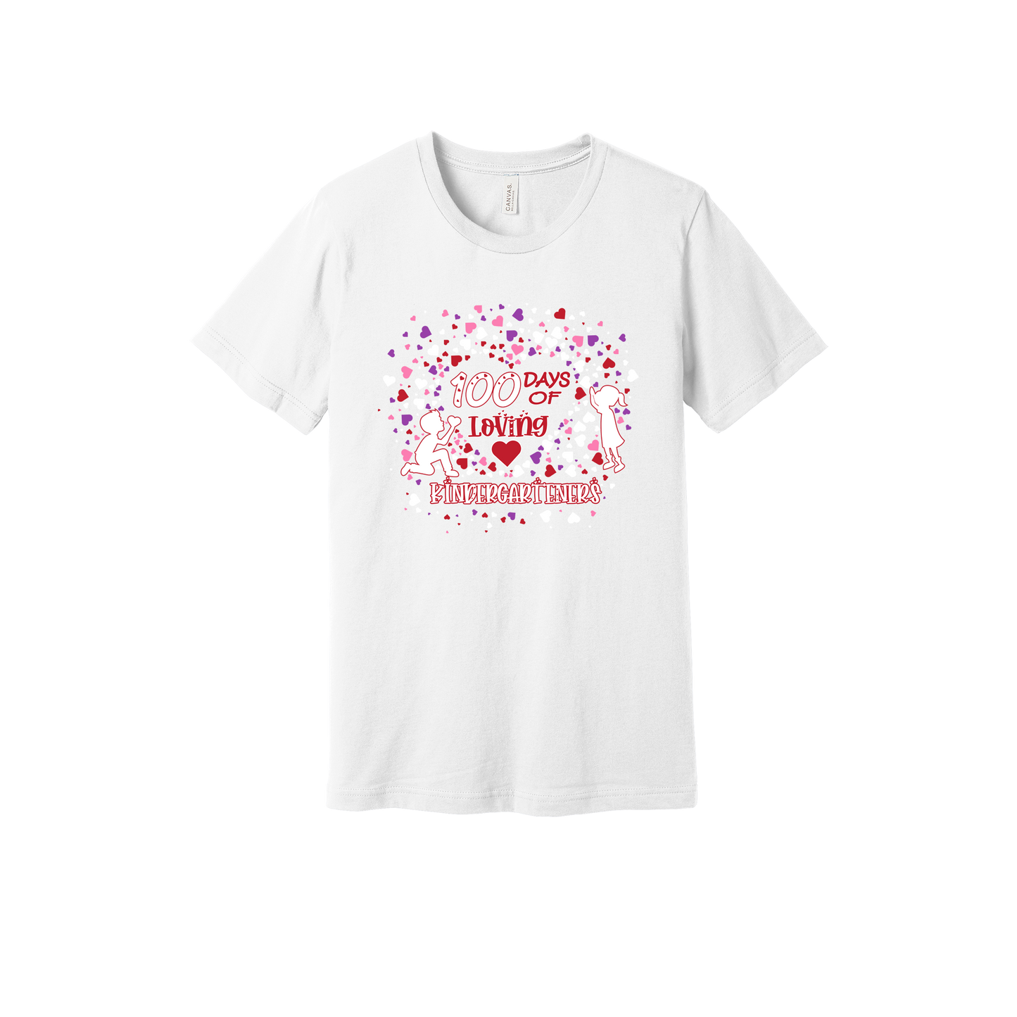 100 Days of Loving Kindergarteners design shown on White adult Bella+Canvas 3001 T-shirt.