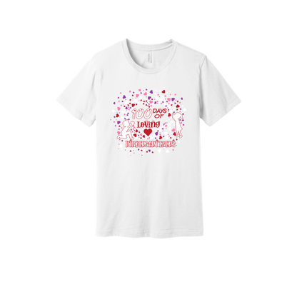 100 Days of Loving Kindergarteners design shown on White adult Bella+Canvas 3001 T-shirt.