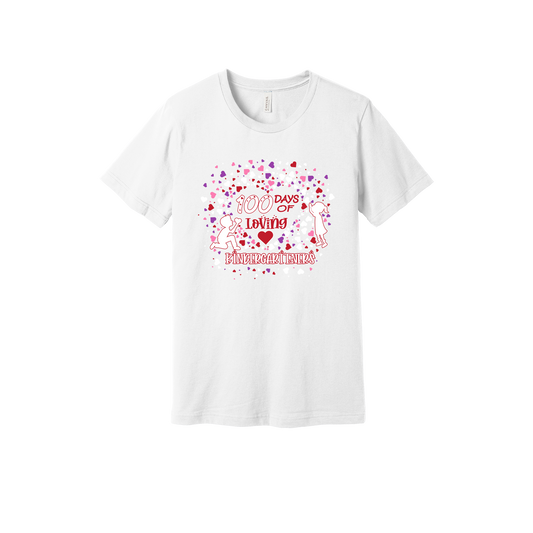 100 Days of Loving Kindergarteners design shown on White adult Bella+Canvas 3001 T-shirt.