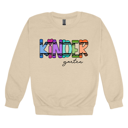 Kindergarten design shown on Sand adult Gildan crewneck sweatshirt.
