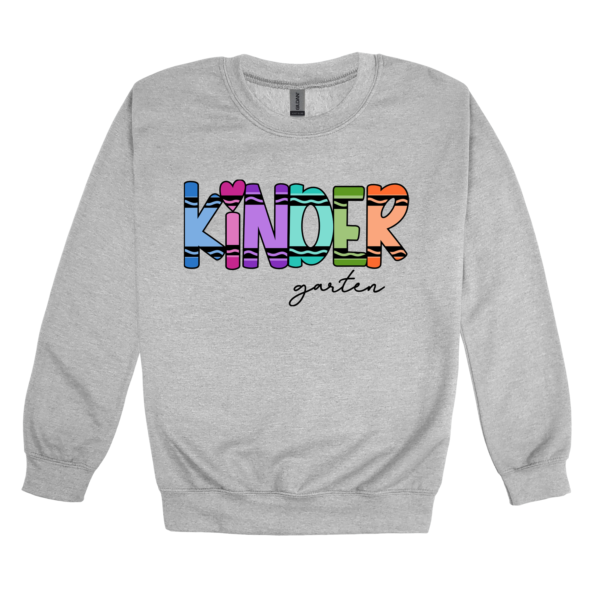 Kindergarten design shown on Sport Gray adult Gildan crewneck sweatshirt.