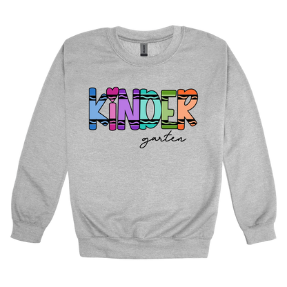 Kindergarten design shown on Sport Gray adult Gildan crewneck sweatshirt.